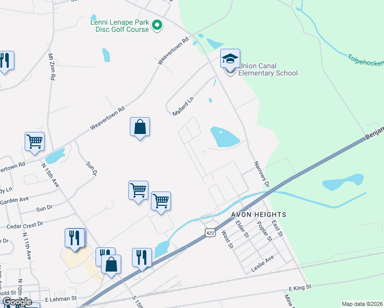 map of restaurants, bars, coffee shops, grocery stores, and more near 205 Narrows Drive in Lebanon