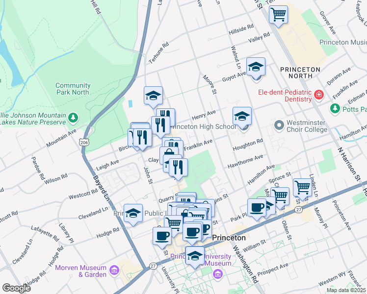 map of restaurants, bars, coffee shops, grocery stores, and more near 312 Franklin Avenue in Princeton