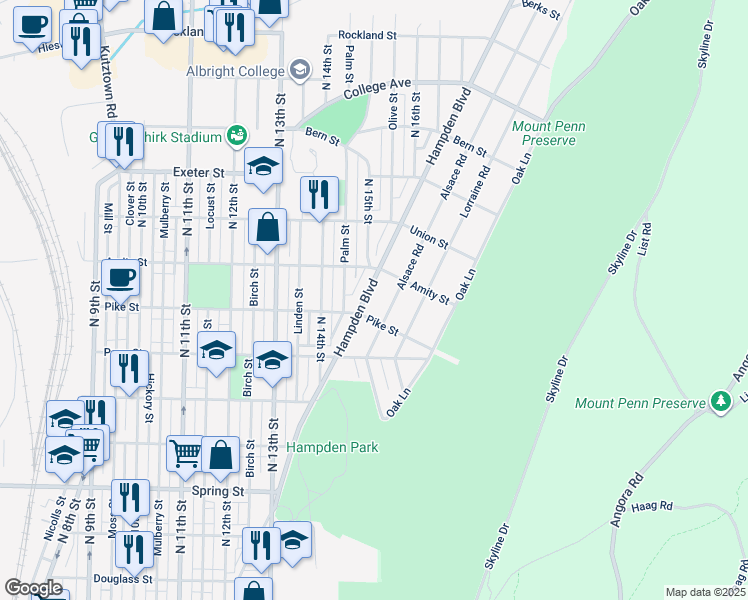 map of restaurants, bars, coffee shops, grocery stores, and more near 1407 Hampden Blvd in Reading