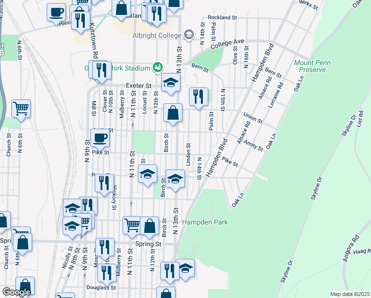 map of restaurants, bars, coffee shops, grocery stores, and more near 1406 East Linden Street in Reading