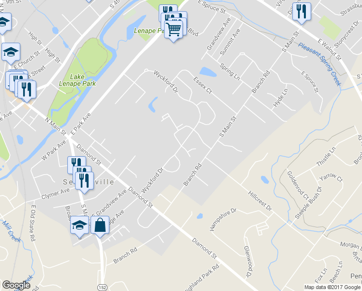 map of restaurants, bars, coffee shops, grocery stores, and more near 110 Mews Drive in Sellersville
