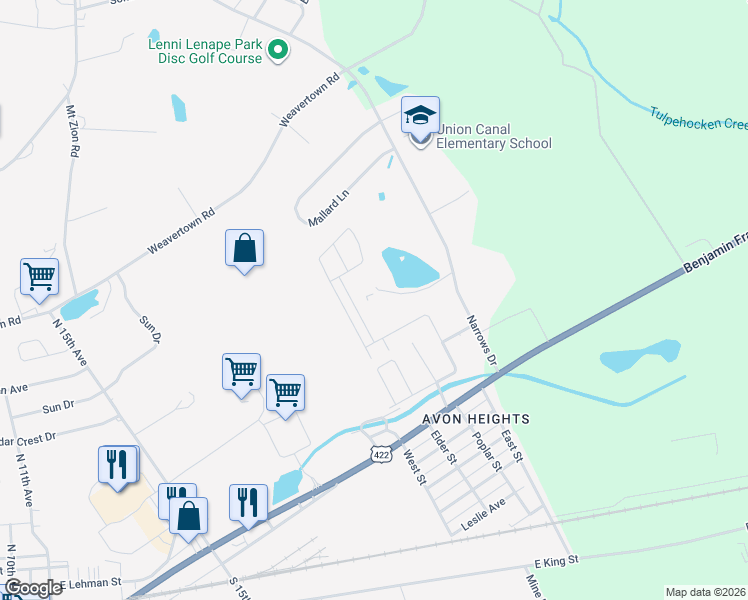 map of restaurants, bars, coffee shops, grocery stores, and more near 205 Narrows Drive in Lebanon