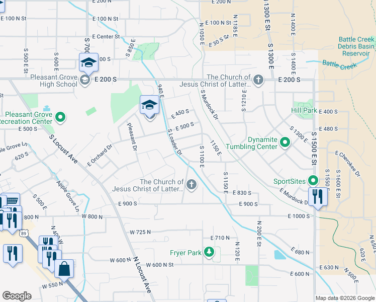 map of restaurants, bars, coffee shops, grocery stores, and more near 635 Loader Avenue East in Pleasant Grove