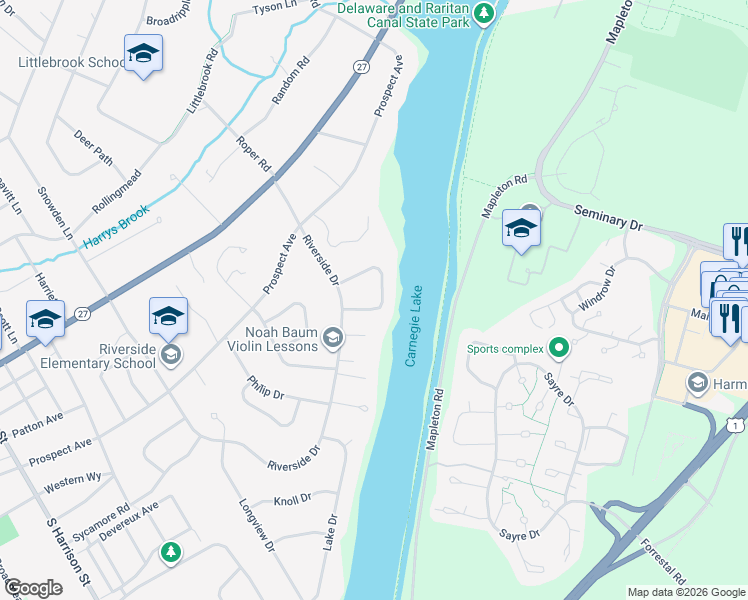 map of restaurants, bars, coffee shops, grocery stores, and more near 31 Adams Drive in Princeton