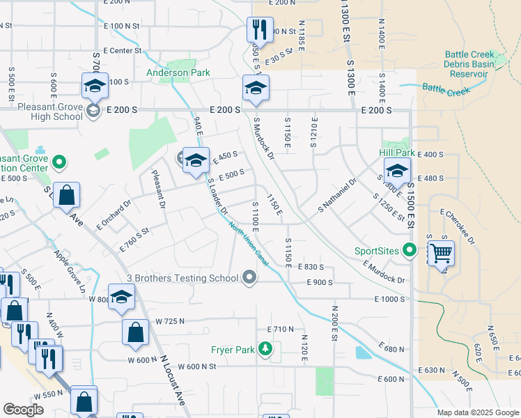 map of restaurants, bars, coffee shops, grocery stores, and more near 1107 South Nathaniel Drive in Pleasant Grove