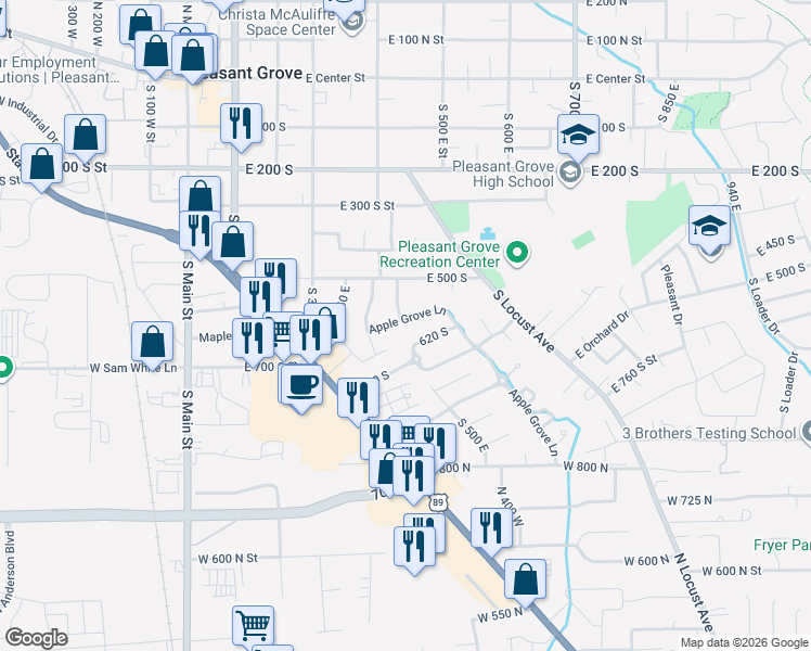 map of restaurants, bars, coffee shops, grocery stores, and more near 457 East Apple Blossom Drive in Pleasant Grove