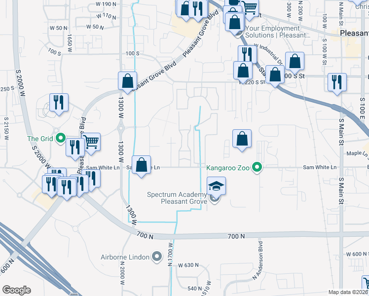 map of restaurants, bars, coffee shops, grocery stores, and more near 655 South 980 West in Pleasant Grove