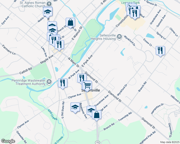 map of restaurants, bars, coffee shops, grocery stores, and more near 169 Diamond Street in Sellersville