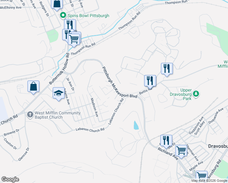 map of restaurants, bars, coffee shops, grocery stores, and more near 819 Pittsburgh McKeesport Boulevard in Pittsburgh