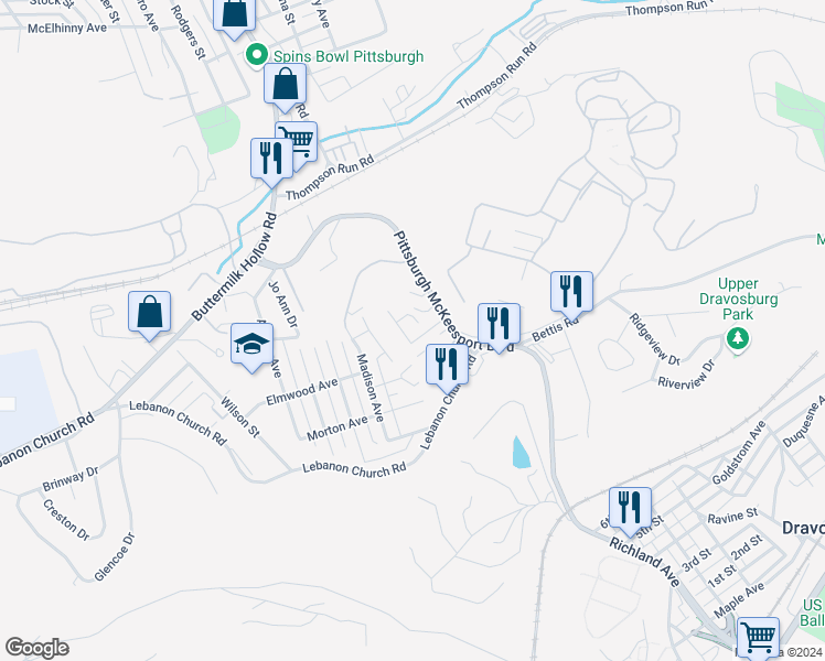 map of restaurants, bars, coffee shops, grocery stores, and more near 200 Park Avenue in West Mifflin