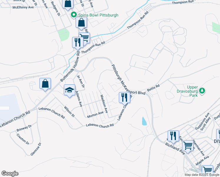 map of restaurants, bars, coffee shops, grocery stores, and more near 6715 Lombardy Drive in West Mifflin