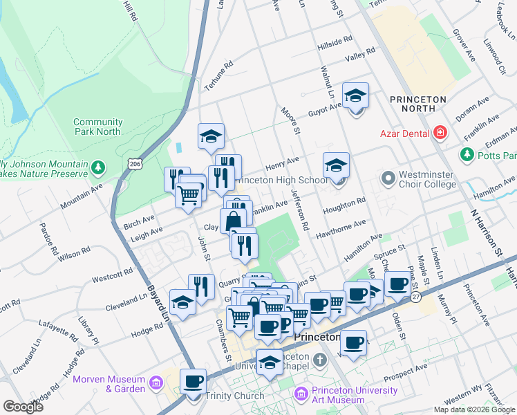 map of restaurants, bars, coffee shops, grocery stores, and more near 320 Franklin Avenue in Princeton