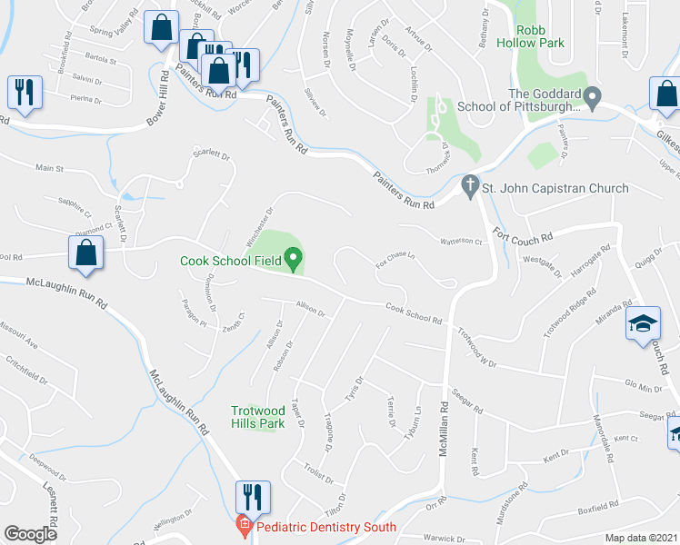 map of restaurants, bars, coffee shops, grocery stores, and more near 1716 Hunters Path Lane in Pittsburgh