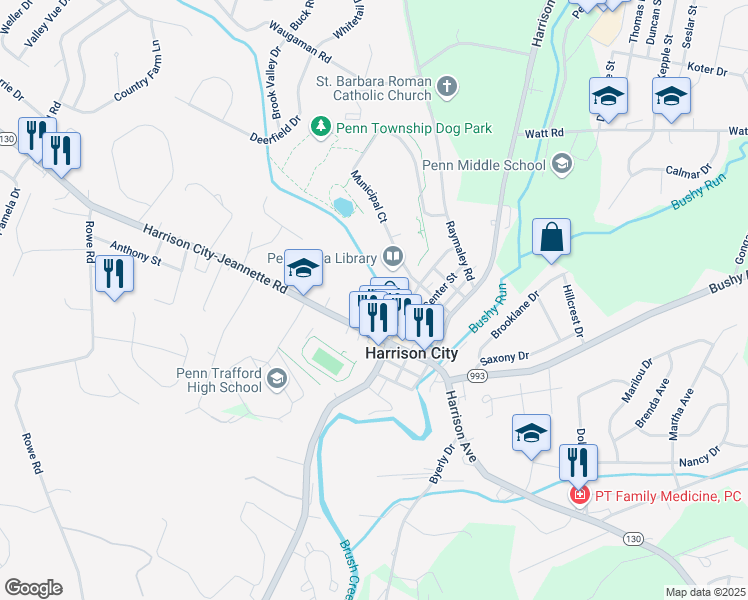 map of restaurants, bars, coffee shops, grocery stores, and more near 3360 Pennsylvania 130 in Harrison City