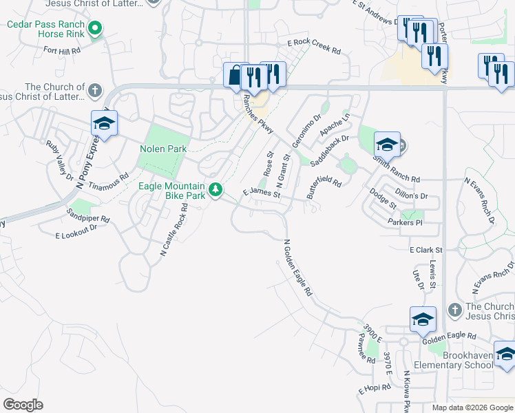 map of restaurants, bars, coffee shops, grocery stores, and more near 3547 East Golden Eagle Road in Eagle Mountain