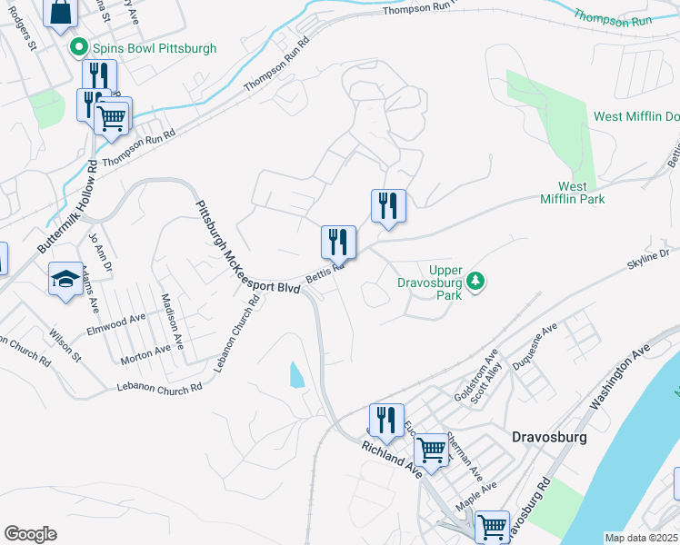 map of restaurants, bars, coffee shops, grocery stores, and more near 100 Bettis Road in Dravosburg