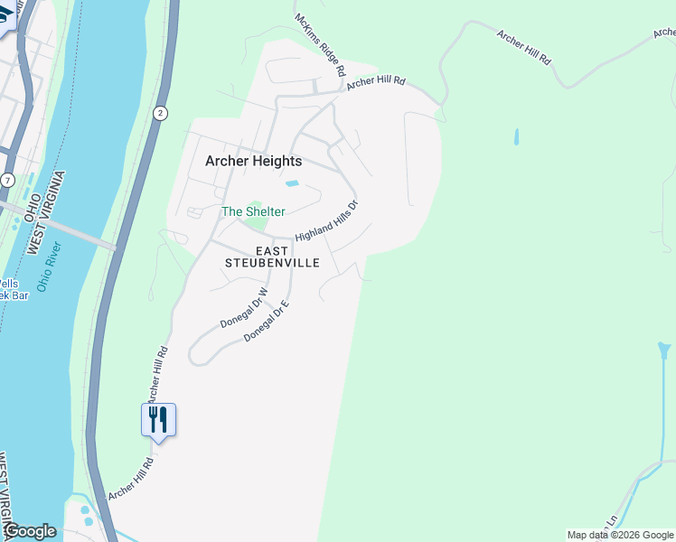 map of restaurants, bars, coffee shops, grocery stores, and more near 900 Robin Hood Drive in Follansbee