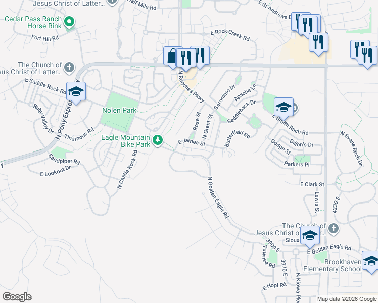 map of restaurants, bars, coffee shops, grocery stores, and more near 3524 Golden Eagle Circle in Eagle Mountain