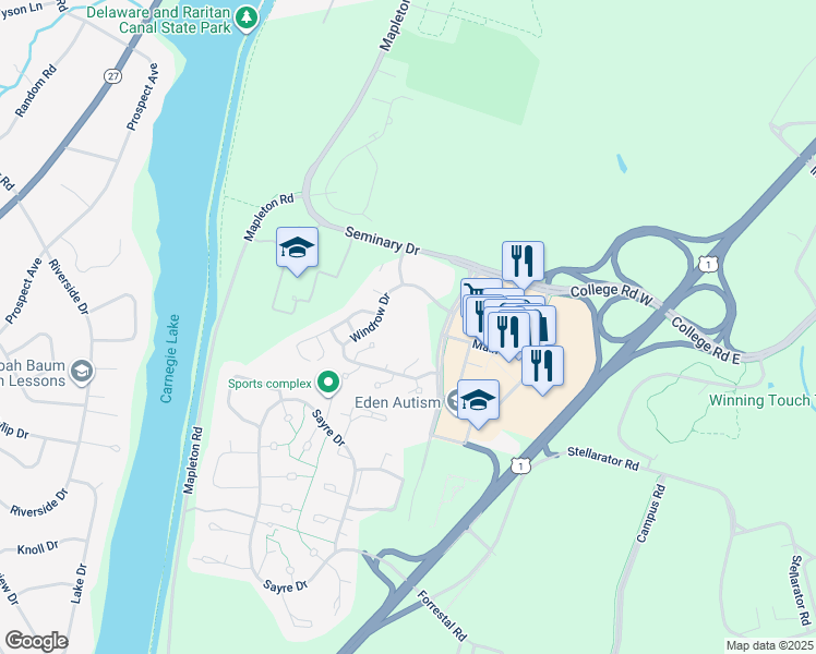 map of restaurants, bars, coffee shops, grocery stores, and more near 2006 Windrow Drive in Princeton