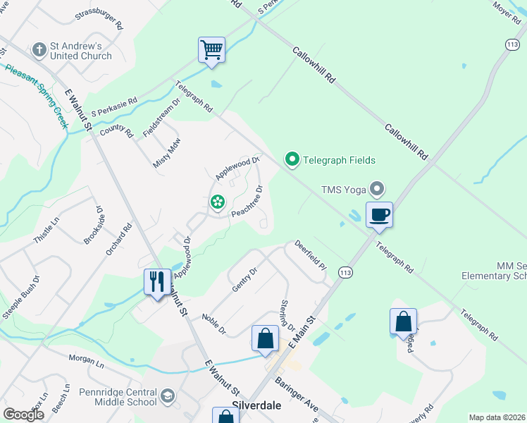 map of restaurants, bars, coffee shops, grocery stores, and more near 2625 Crabapple Circle in Perkasie
