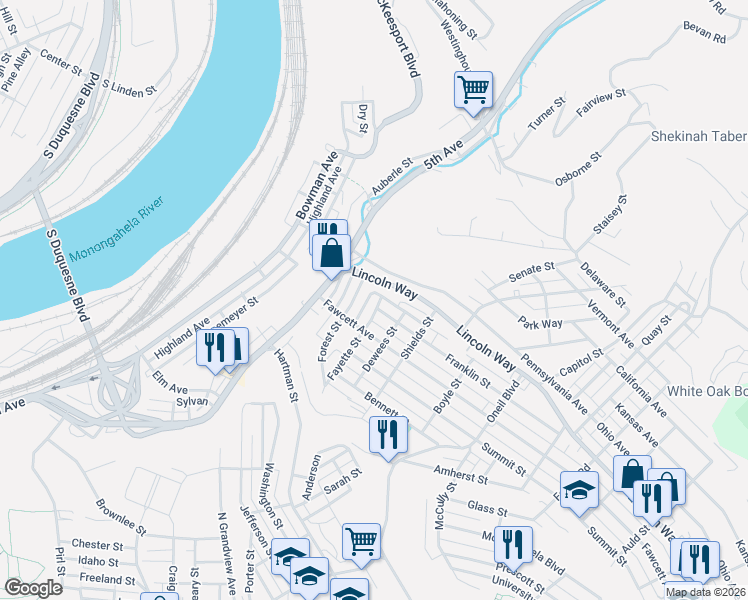 map of restaurants, bars, coffee shops, grocery stores, and more near 607 Fawcett Avenue in McKeesport