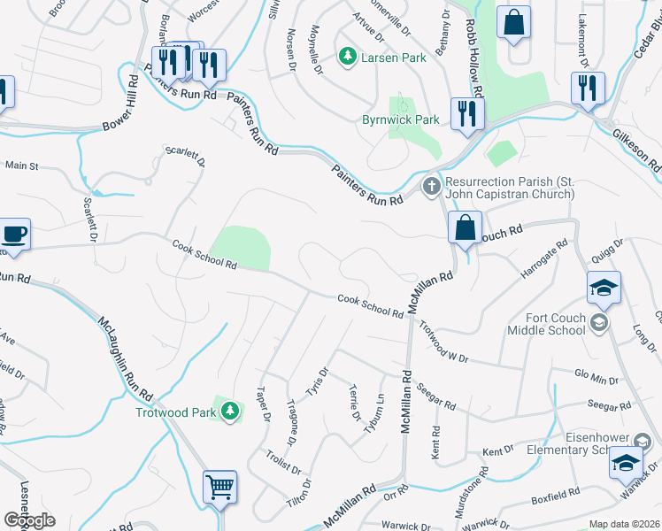 map of restaurants, bars, coffee shops, grocery stores, and more near 1509 Fox Chase Lane in Pittsburgh