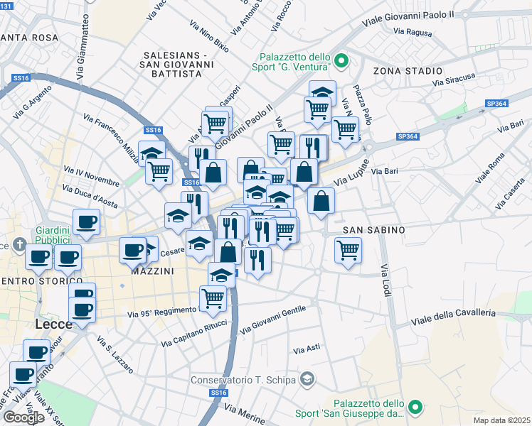 map of restaurants, bars, coffee shops, grocery stores, and more near 4 Via Fornari Vito in Lecce