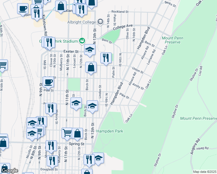 map of restaurants, bars, coffee shops, grocery stores, and more near 1414 Pike Street in Reading