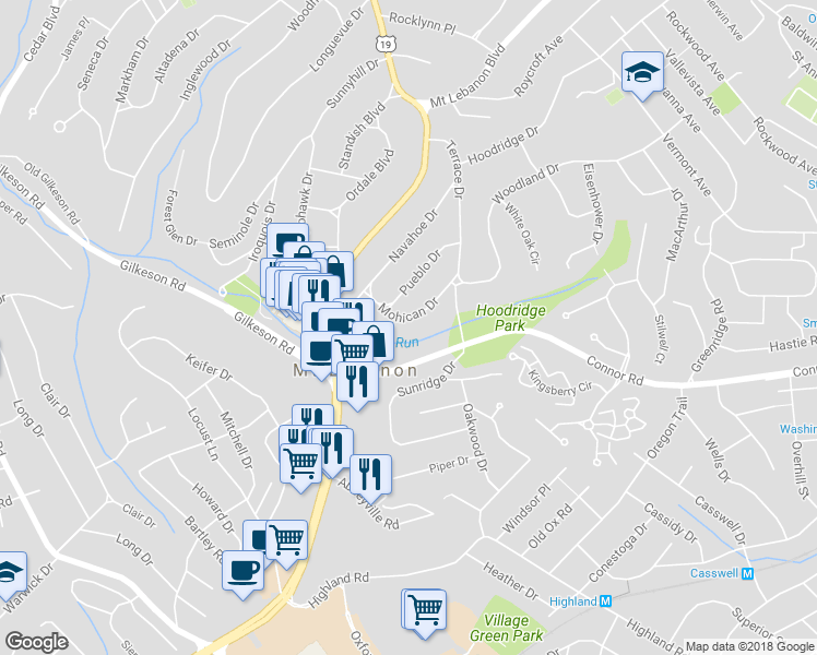 map of restaurants, bars, coffee shops, grocery stores, and more near 1467 Mohican Drive in Pittsburgh
