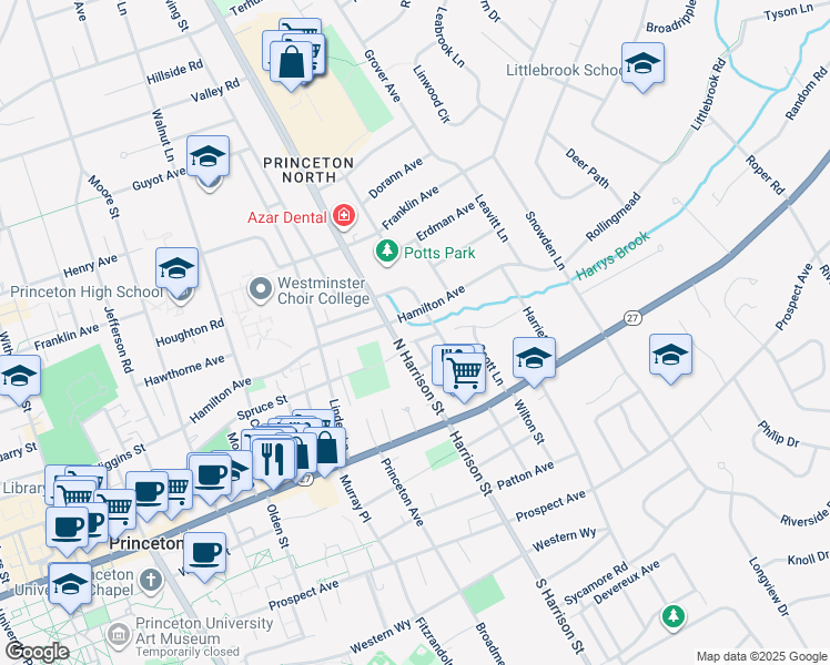 map of restaurants, bars, coffee shops, grocery stores, and more near 16 Cameron Court in Princeton