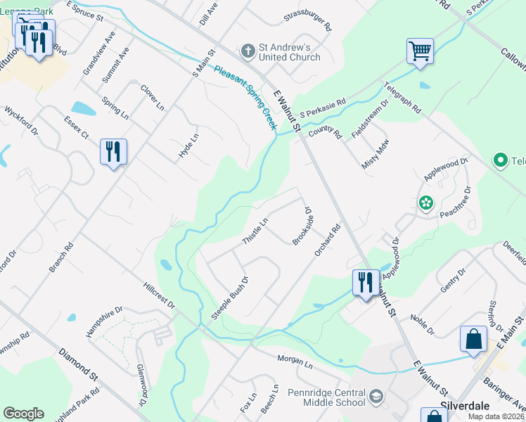 map of restaurants, bars, coffee shops, grocery stores, and more near 323 Thistle Lane in Perkasie