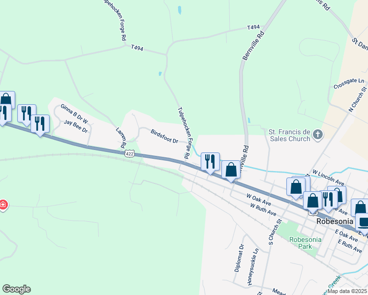map of restaurants, bars, coffee shops, grocery stores, and more near 14 Birdsfoot Drive in Robesonia