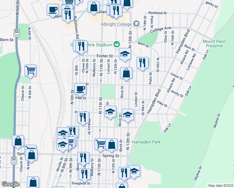 map of restaurants, bars, coffee shops, grocery stores, and more near 1413 North 12th Street in Reading