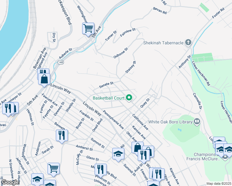 map of restaurants, bars, coffee shops, grocery stores, and more near 209 Congress Street in White Oak