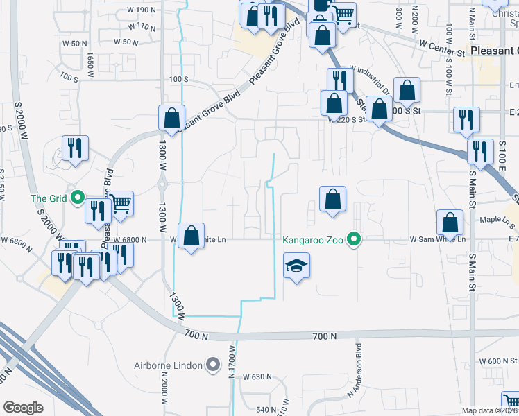 map of restaurants, bars, coffee shops, grocery stores, and more near 597 South State Road in Pleasant Grove