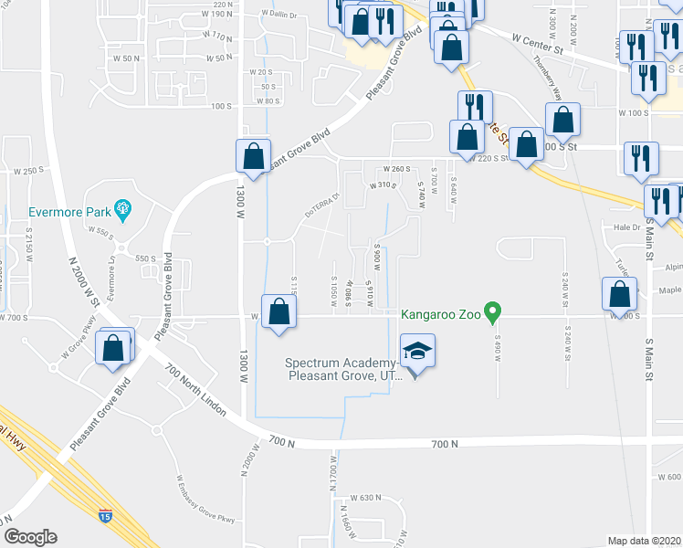 map of restaurants, bars, coffee shops, grocery stores, and more near 655 South 980 West in Pleasant Grove