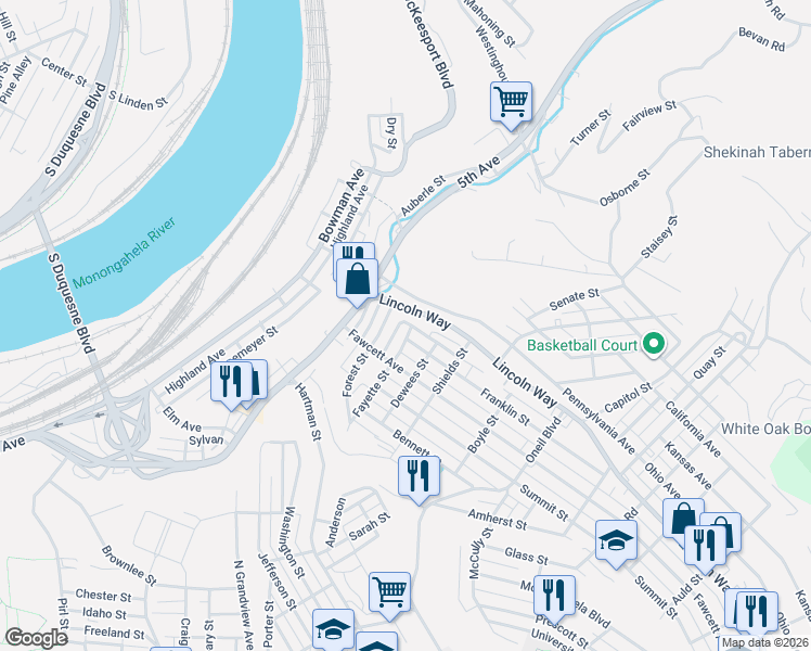 map of restaurants, bars, coffee shops, grocery stores, and more near 716 Franklin Street in McKeesport