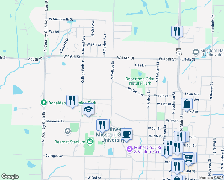 map of restaurants, bars, coffee shops, grocery stores, and more near 1121 North College Drive in Maryville