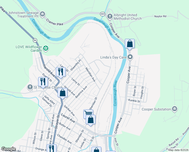map of restaurants, bars, coffee shops, grocery stores, and more near Oakhurst Homes in Johnstown