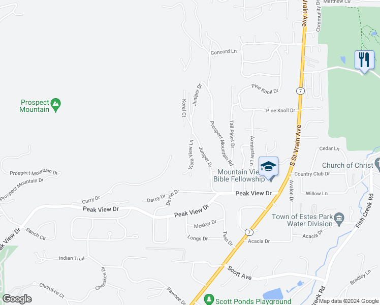 map of restaurants, bars, coffee shops, grocery stores, and more near 1519 Vista View Lane in Estes Park