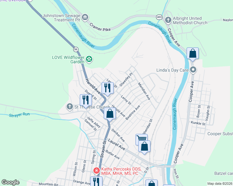 map of restaurants, bars, coffee shops, grocery stores, and more near 495 Dorothy Avenue in Johnstown