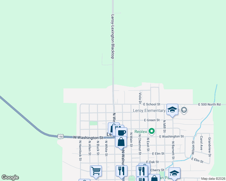 map of restaurants, bars, coffee shops, grocery stores, and more near 1007 Leroy-Lexington Blacktop in Le Roy