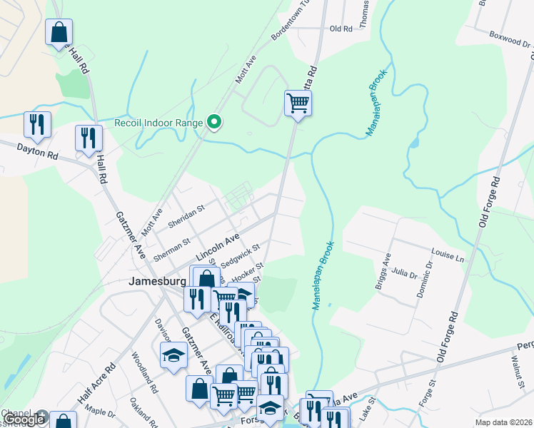 map of restaurants, bars, coffee shops, grocery stores, and more near 47 Helmetta Jamesburg Road in Jamesburg