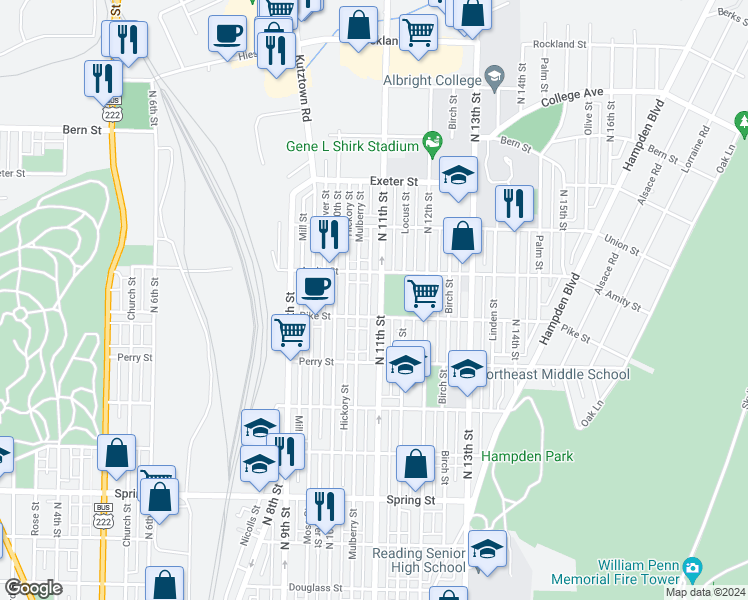 map of restaurants, bars, coffee shops, grocery stores, and more near 1416 North 11th Street in Reading