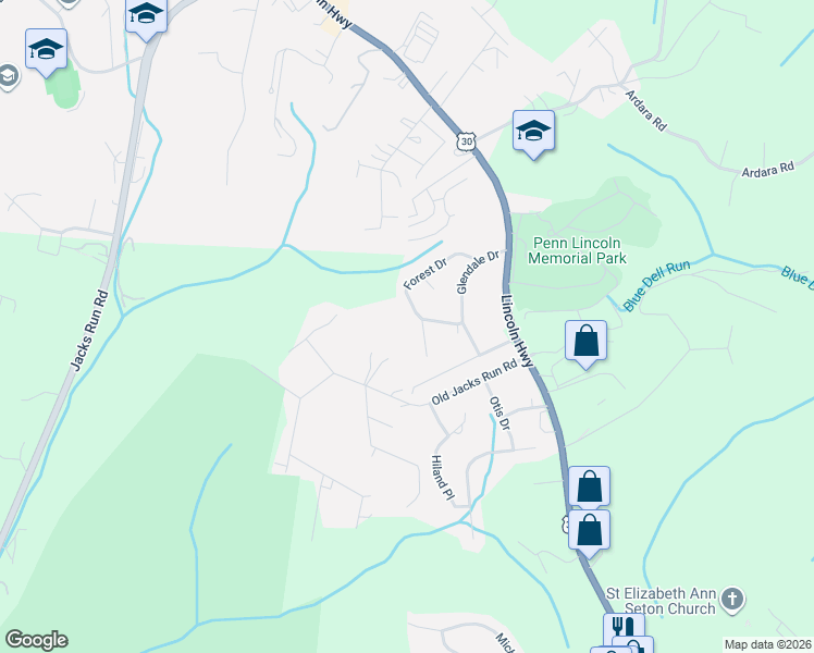 map of restaurants, bars, coffee shops, grocery stores, and more near 320 Forest Drive in Irwin