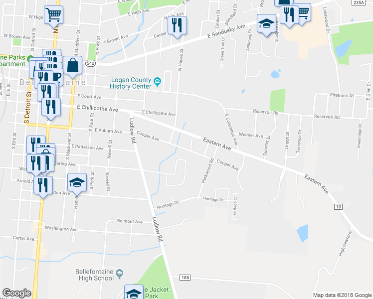 map of restaurants, bars, coffee shops, grocery stores, and more near 616 Cooper Avenue in Bellefontaine