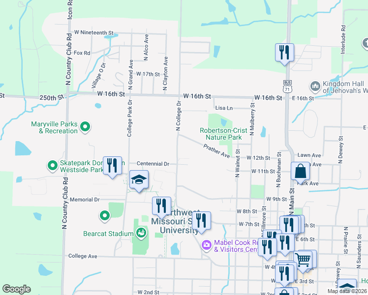 map of restaurants, bars, coffee shops, grocery stores, and more near 500-798 Prather Avenue in Maryville