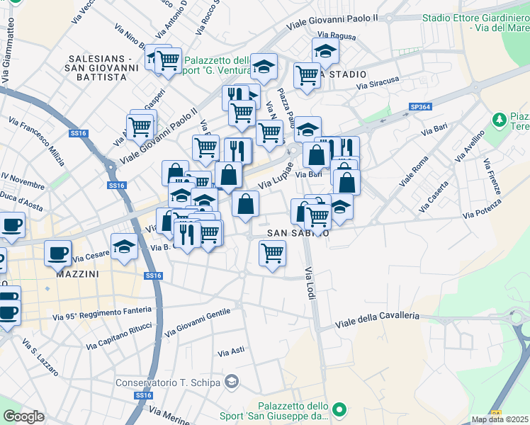 map of restaurants, bars, coffee shops, grocery stores, and more near 5 Via Michele Saponaro in Lecce