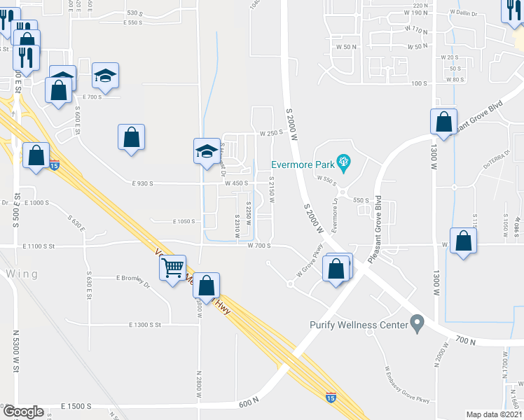 map of restaurants, bars, coffee shops, grocery stores, and more near 2235 West 500 South in Pleasant Grove