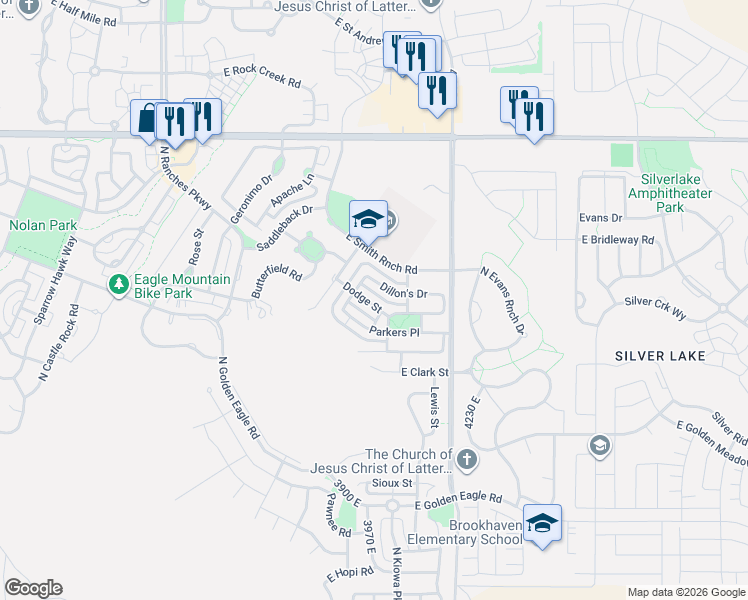 map of restaurants, bars, coffee shops, grocery stores, and more near 3981 Dillon's Drive in Eagle Mountain